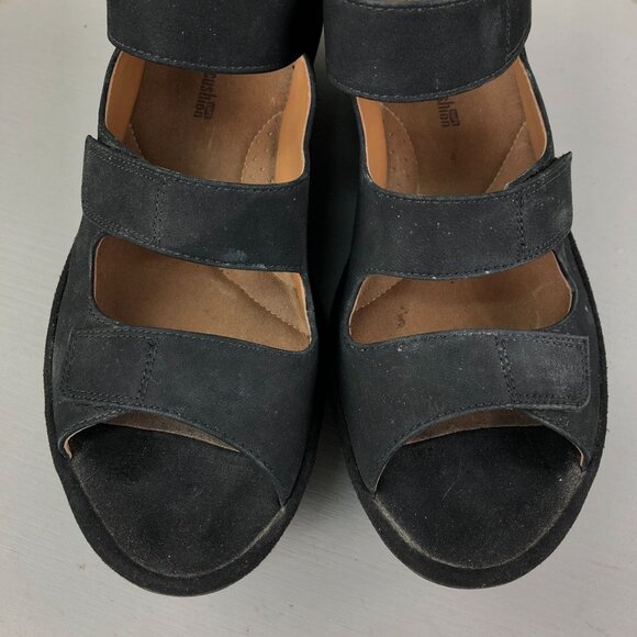Clarks Women's Size 9.5M Reely Juno Black Leather 3 Strap Wedge Heel Sandals - Picture 5 of 16